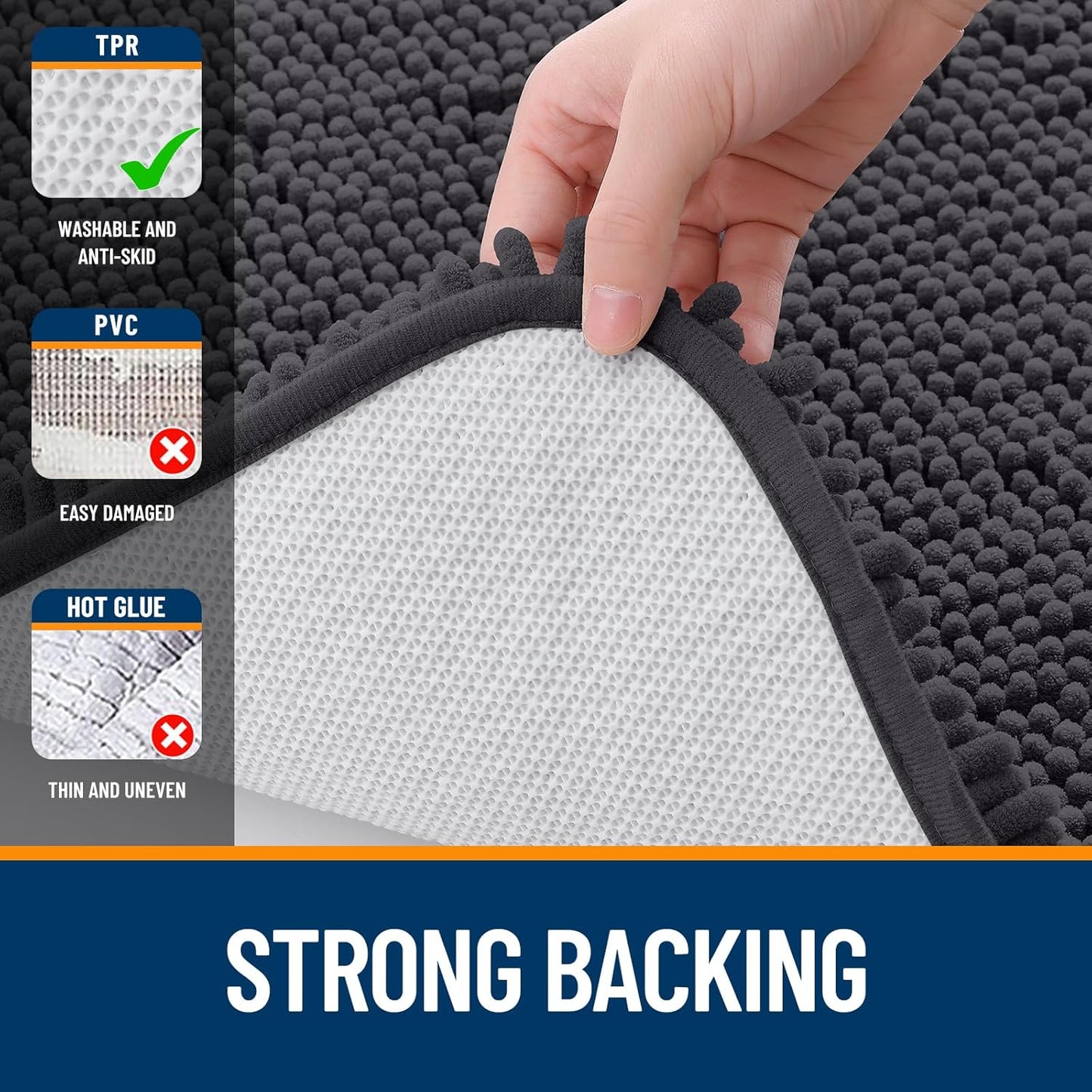 OLANLY Large Bathroom Rugs - Extra Soft Chenille Bath Mats with Rubber Backing | 47x32, Dark Grey