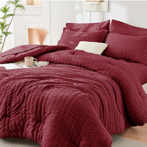 HYMOKEGE Burgundy Comforter Set - Luxurious 7-Piece All-Season Bedding Set with Sheets & Pillowcases