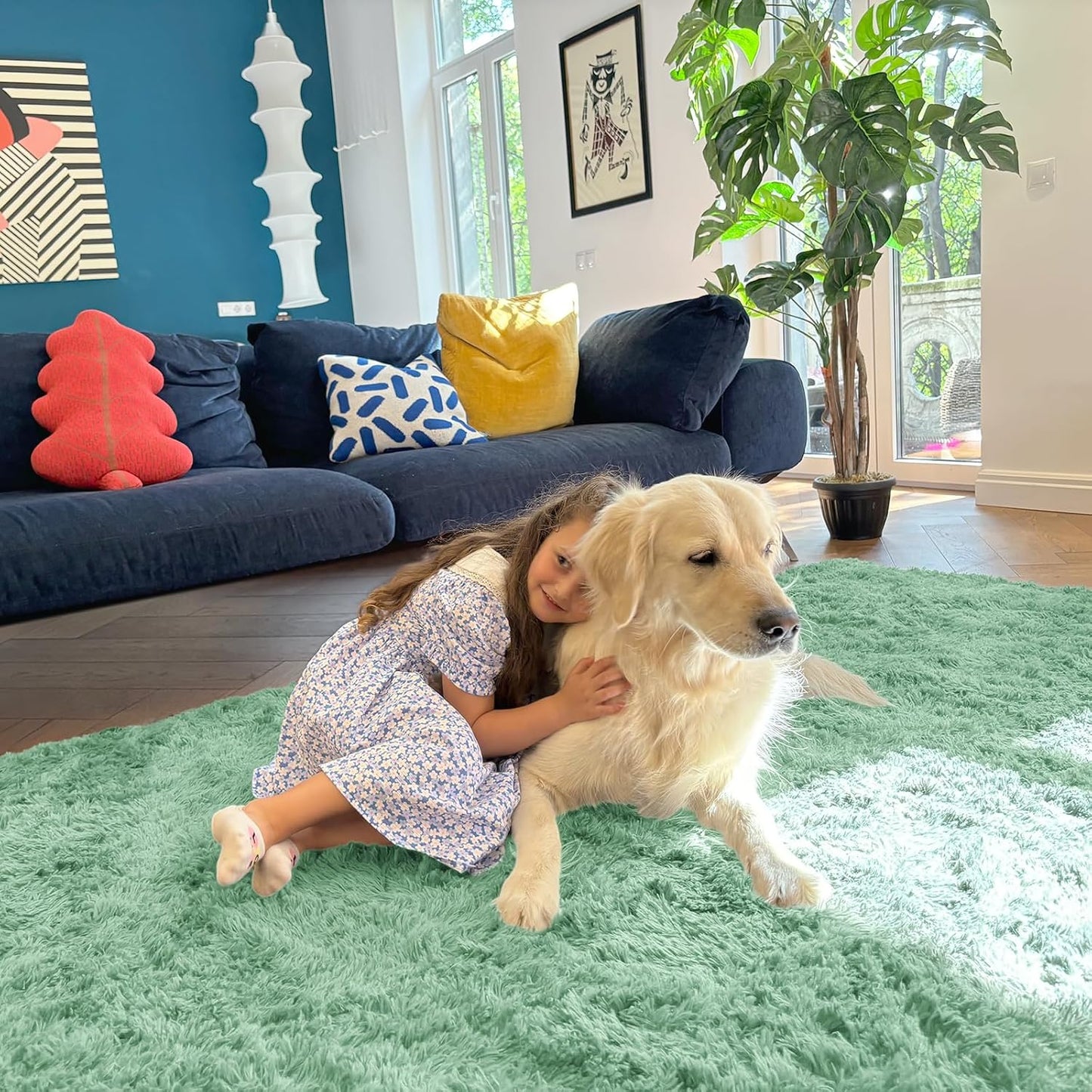 OLANLY Soft Fluffy Shaggy 3x5 Bedside Rug - Machine Washable Indoor Carpet in Mint Green for Kids & Nursery