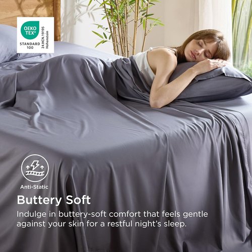 Bedsure Cooling Sheets - Breathable Viscose Bamboo Full Size Bed Set | Deep Pocket Dark Grey