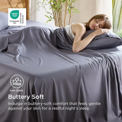 Bedsure Cooling Sheets - Breathable Viscose Bamboo Full Size Bed Set | Deep Pocket Dark Grey