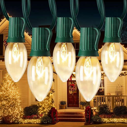 C9 Vintage Christmas Lights - 50 FT Waterproof String Lights with 50 Clear Bulbs | Green Wire for Indoor/Outdoor Holiday Decor