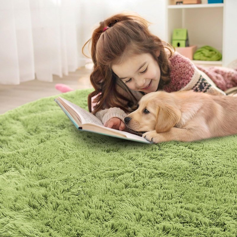 OLANLY Grass Green Round Rugs for Bedroom - Machine Washable, 2 ft Circle Area Rugs for Living Room, Soft and Fluffy Shaggy Carpet for Teen Girls and Boys, Nursery Rooms, Dorms, Home Decor Aesthetic