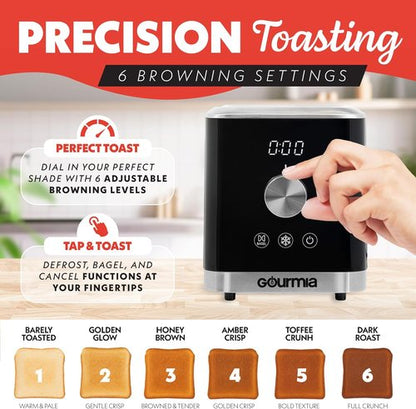 Gourmia 2-Slice Toaster - 6 Browning Levels, Bagel & Defrost Modes, Compact Design, Black