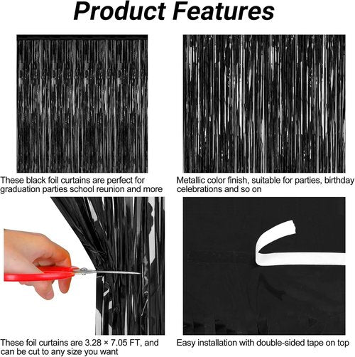 2026 Graduation Party Decorations - 2 Pack Black Backdrop & Metallic Fringe Curtains | 3.28 FT x 7.05 FT