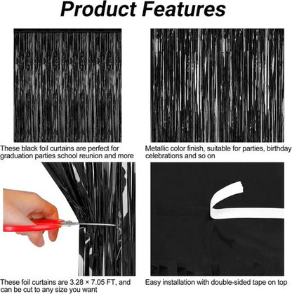 2026 Graduation Party Decorations - 2 Pack Black Backdrop & Metallic Fringe Curtains | 3.28 FT x 7.05 FT