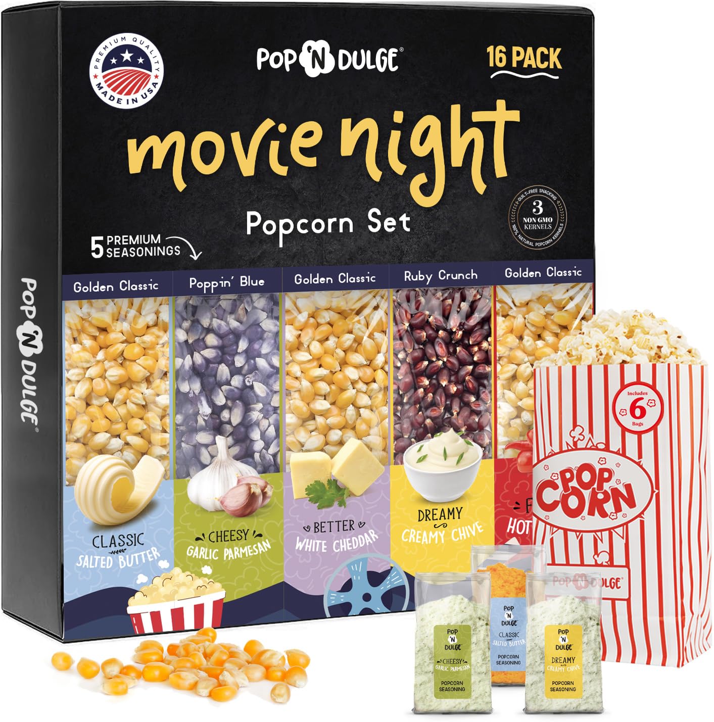Pop n' Dulge Gourmet Popcorn Gift Set - 16 Pcs with 5 Flavors & Seasonings | Perfect Movie Night Snacks