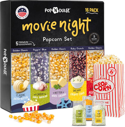 Pop n' Dulge Gourmet Popcorn Gift Set - 16 Pcs with 5 Non-GMO Kernels & Seasoning Packs | Perfect for Movie Nights & Housewarming Gifts