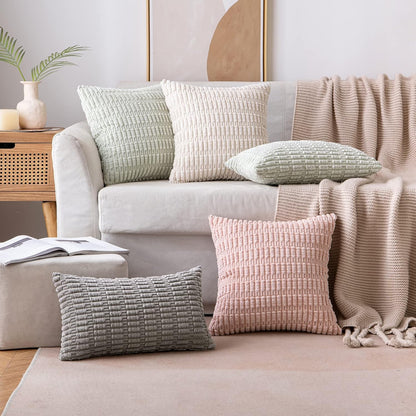 MIULEE Corduroy Lumbar Throw Pillow Covers - Soft Boho Striped Design | 20x12 Inch Cream White for Modern Home Decor