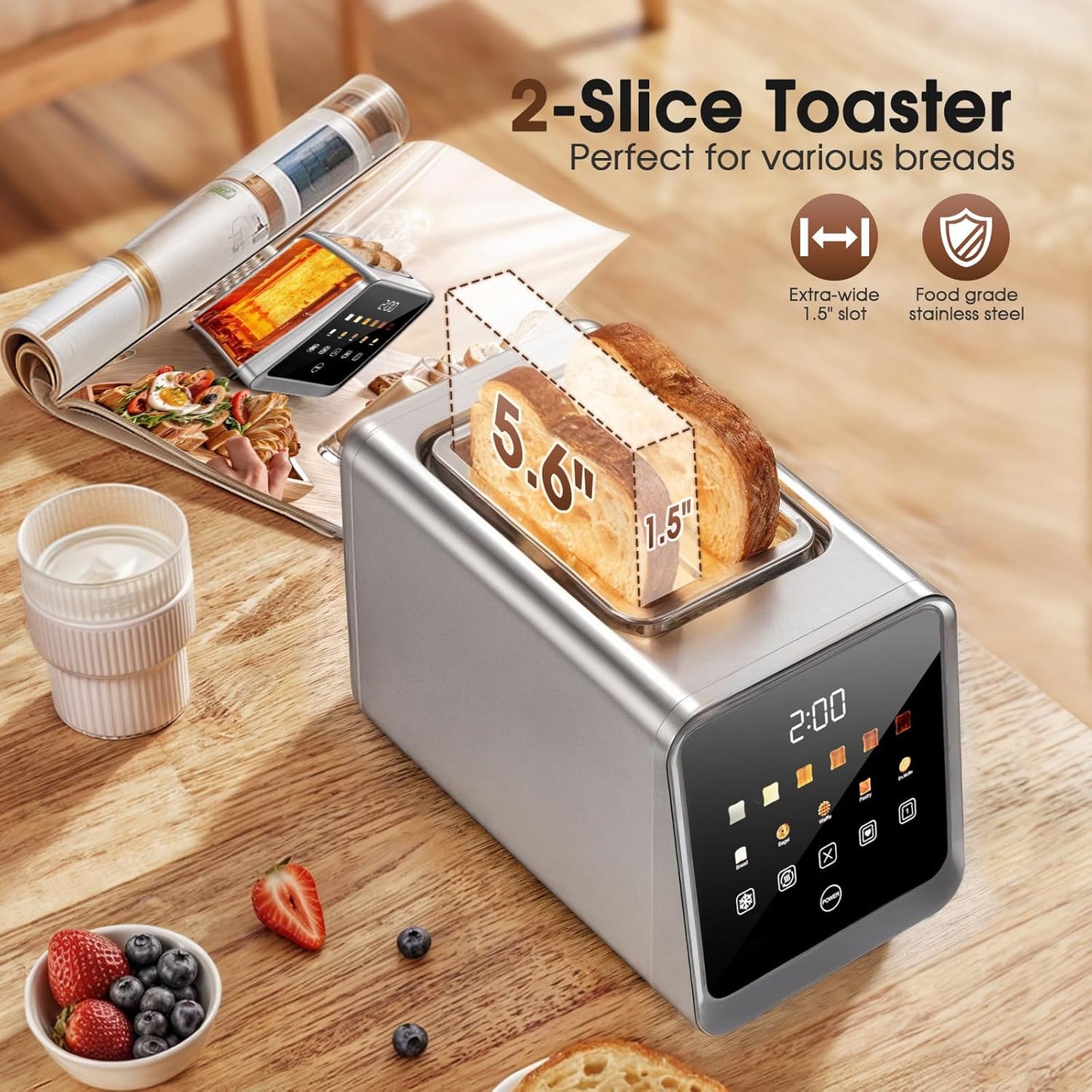 Skiennix Touch Screen Toaster - 2 Slice Stainless Steel Smart Toaster with Memory Function & 6 Shade Settings, 1.5" Wide Slot