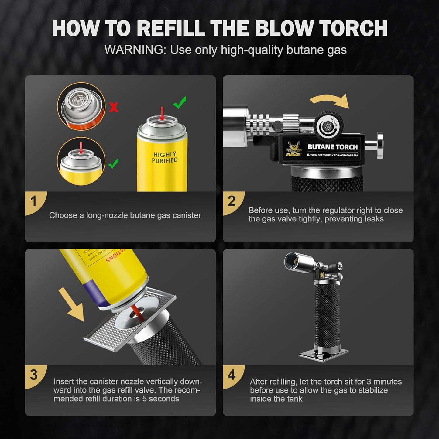 RAVS Butane Torch Lighter - Premium Metal Kitchen Torch with Adjustable Flame & Safety Buckle | Black
