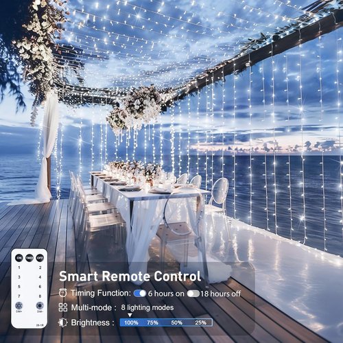 JMEXSUSS Curtain Lights - 900 LED White Indoor/Outdoor String Lights with Remote | 9.5x29.5ft for Decor