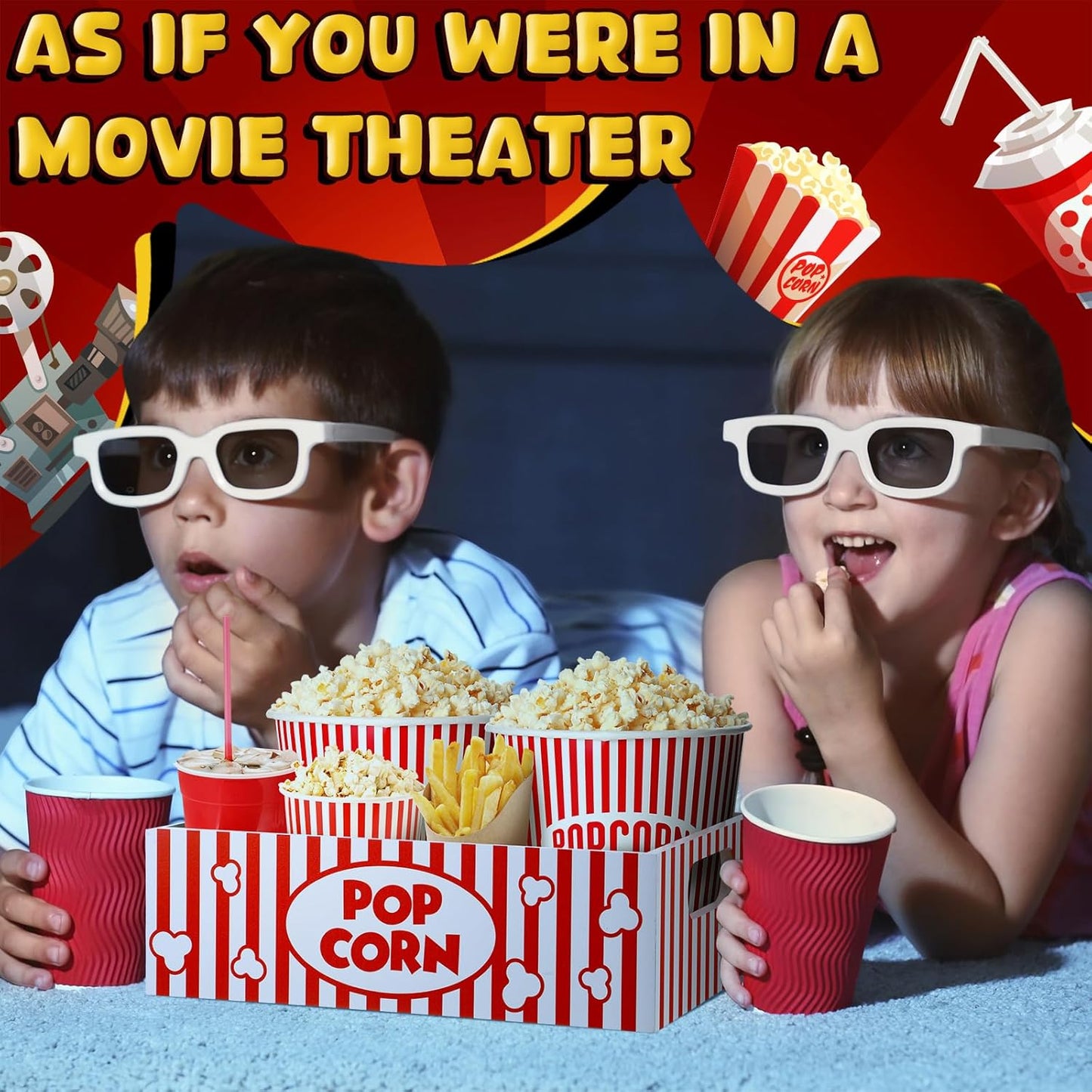 Skiennix Snack Trays - Reusable Wooden Movie Night Gift Basket with Handles | Striped Popcorn Container