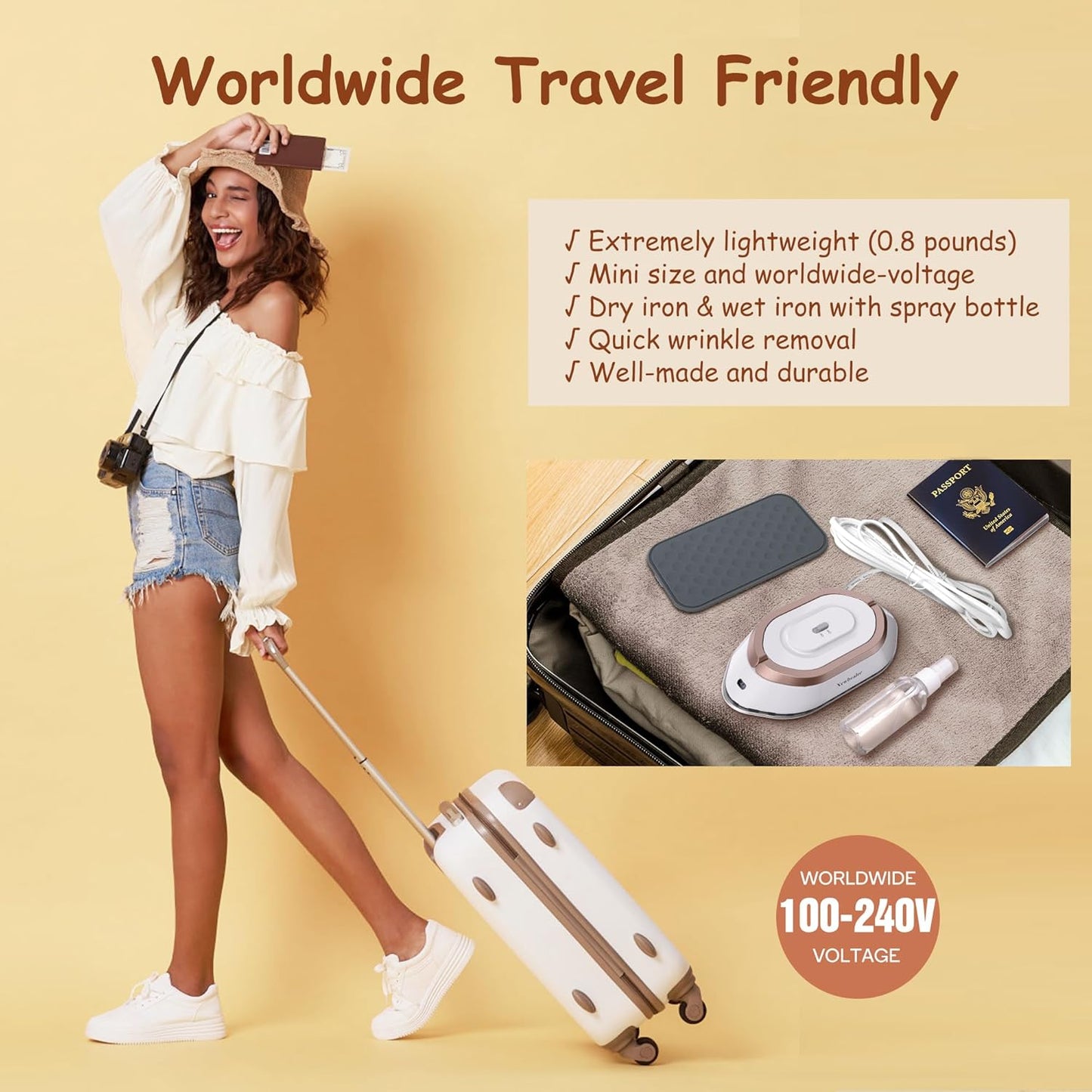 Newbealer Travel Iron Bundle - Dual Voltage Smart Steam Iron with Non-Stick Ceramic Soleplate | Gold
