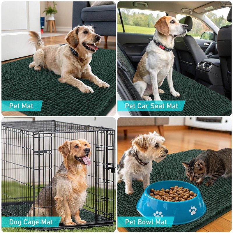 OLANLY Dog Door Mat for Muddy Paws 48x30, Absorbs Moisture and Dirt, Absorbent Non-Slip Washable Doormat, Quick Dry Chenille Mud Mat, Entry Indoor Entryway Carpet for Inside Floor, Blackish Green