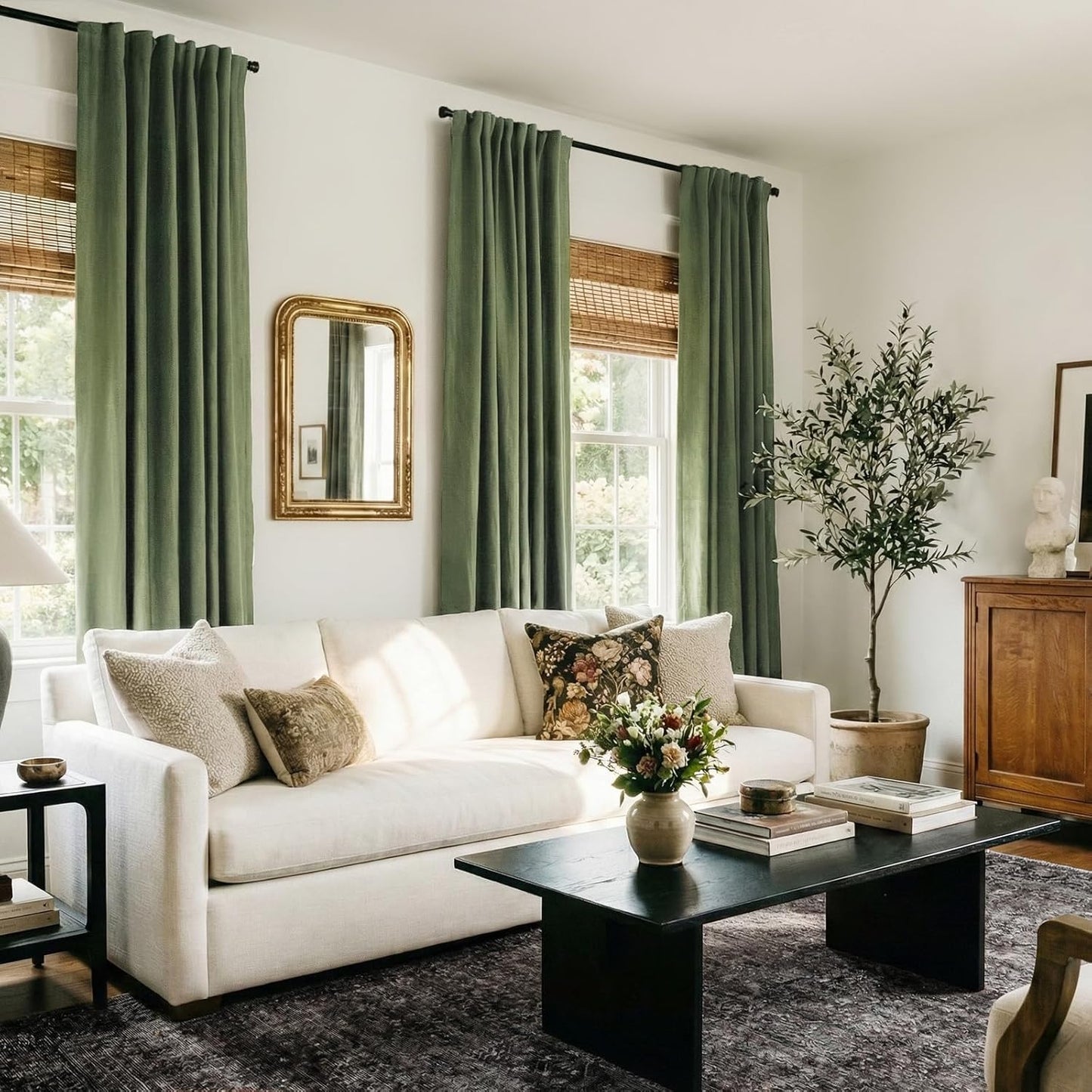 Skiennix 100% Blackout Olive Green Linen Curtains - Thermal Insulated Drapes, 84" Long, 2 Panels Set