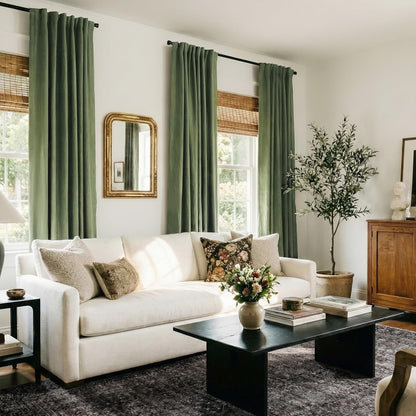 Skiennix 100% Blackout Olive Green Linen Curtains - Thermal Insulated Drapes, 84" Long, 2 Panels Set