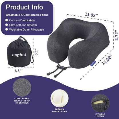 napfun Neck Pillow for Traveling, Upgraded Travel Neck Pillow for Airplane 100% Pure Memory Foam Travel Pillow for Flight Headrest Sleep, Portable Plane Accessories, Full Black