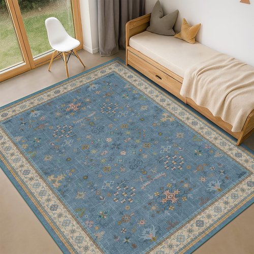 5x8 Rug for Living Room, Boho Eclectic Area Rugs Blue Modern Low-Pile Carpet for Bedroom, Dining Table, Nursery, Washable Non-Slip with Rubber Back