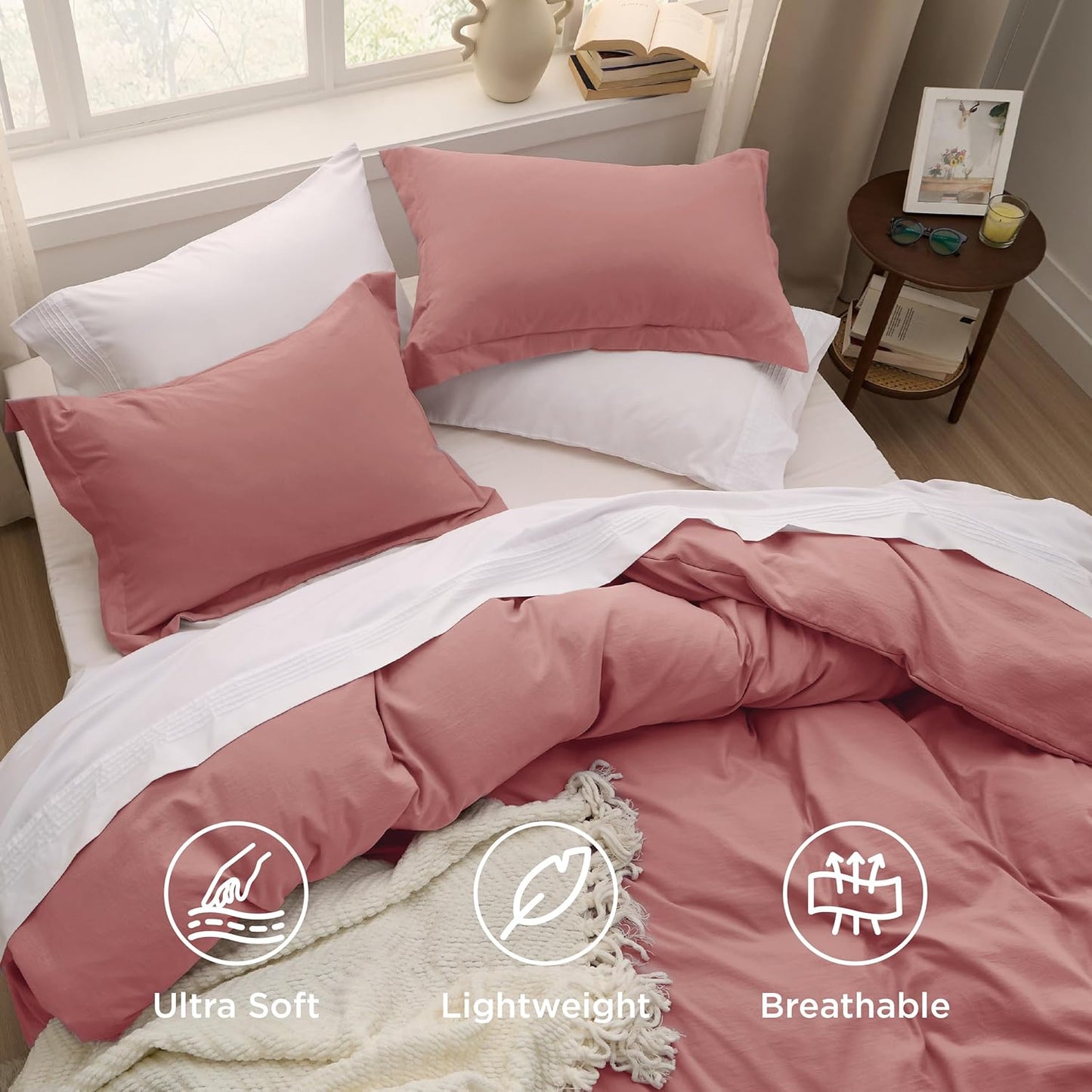 Bedsure Pink Clay Duvet Cover Set | Extra Soft Prewashed Cotton-Like Bedding - Queen Size 3 Pieces (90x90 Inches)