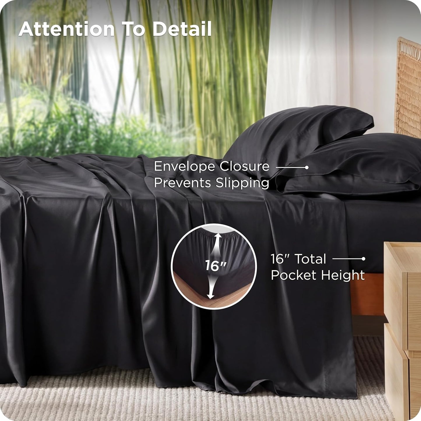 PureWoven King Size Sheet Set - Cooling Rayon Sheets from Bamboo | Soft, Breathable, Deep Pocket Design in Black