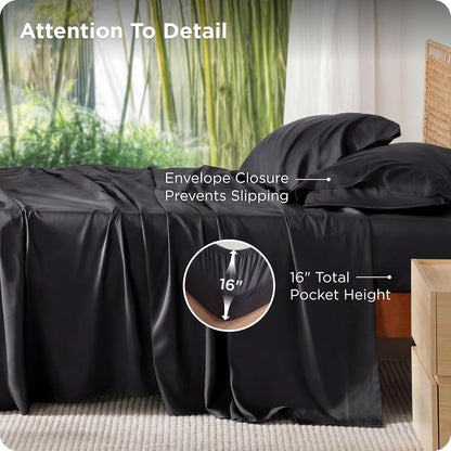 PureWoven King Size Sheet Set - Cooling Rayon Sheets from Bamboo | Soft, Breathable, Deep Pocket Design in Black