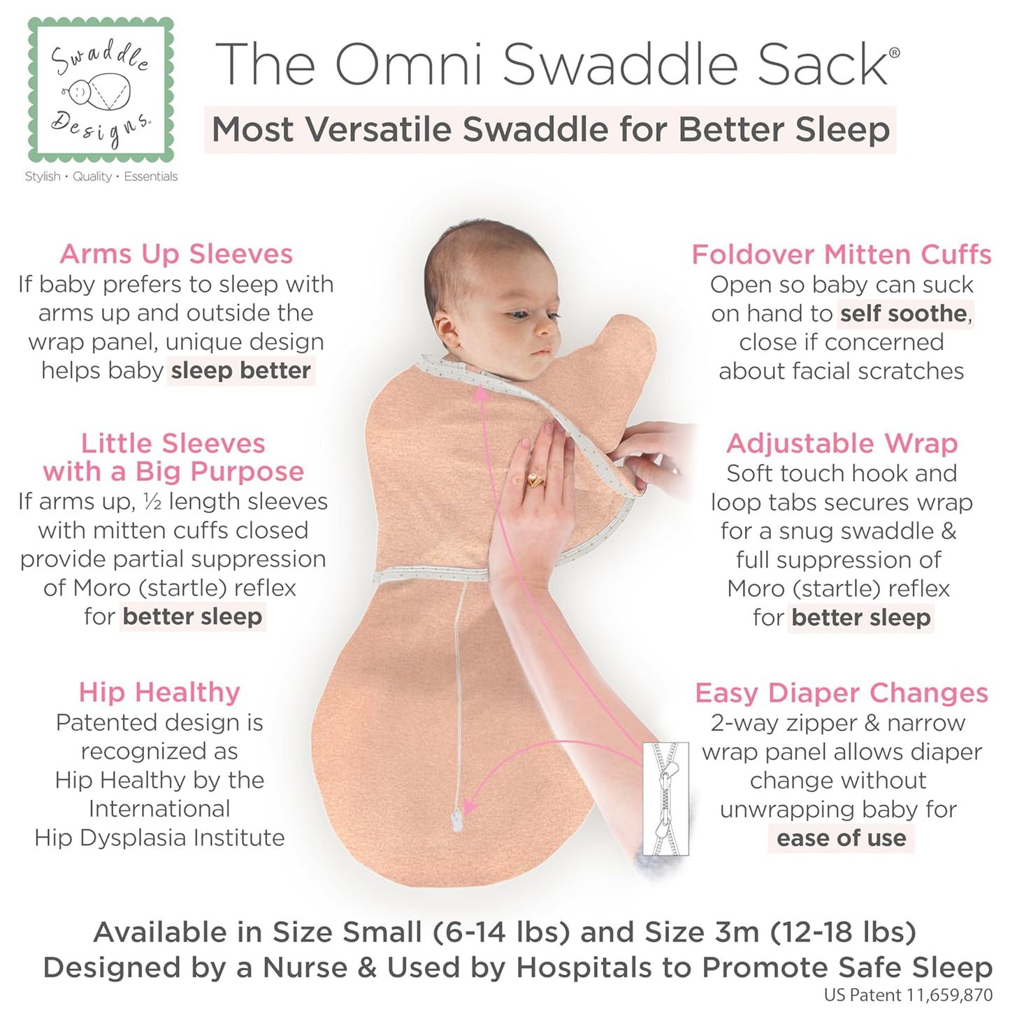 SwaddleDesigns 6-Way Omni Swaddle Sack - Arms Up Design for Newborns | Calms Startle Reflex, Improves Sleep, Small (0-3 Mo, 6-14 lbs), Heathered Peach Blush