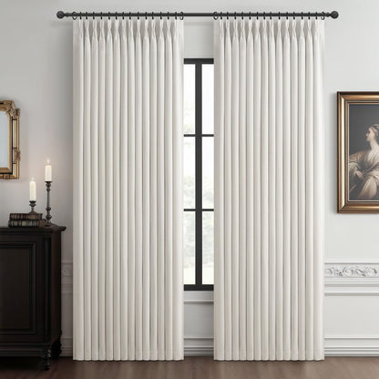 Pleat Viral Linen 90 Inch Blackout Curtains for Bedroom, Pinch Pleated Soundproof Privacy Farmhouse Window Drapes Decor with Hooks Neutral Beige White Nursery/Kids Room Darkening Burg 2 Panels Set