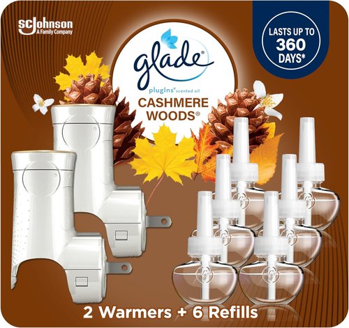 Glade PlugIns Air Freshener Starter Kit - Cashmere Woods Scent | 2 Warmers & 6 Refills, 4.02 Fl Oz