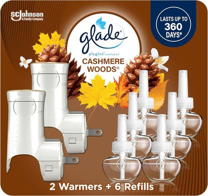 Glade PlugIns Air Freshener Starter Kit - Cashmere Woods Scent | 2 Warmers & 6 Refills, 4.02 Fl Oz