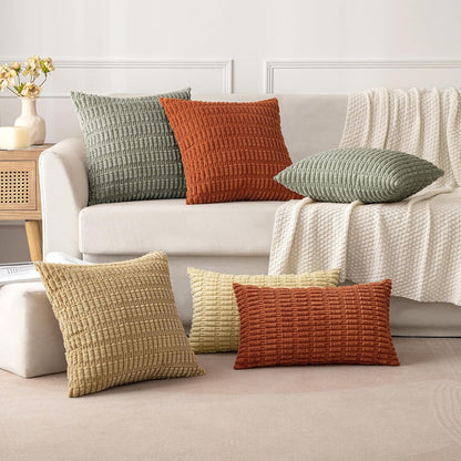 MIULEE Corduroy Throw Pillow Covers - Soft Boho Striped Design | 16x16 Inch Light Olive Green