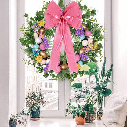 Skiennix Large Pink Easter Wreath Bows - Spring Tree Topper Decor with Burlap & Glitter | 2 Pcs Set