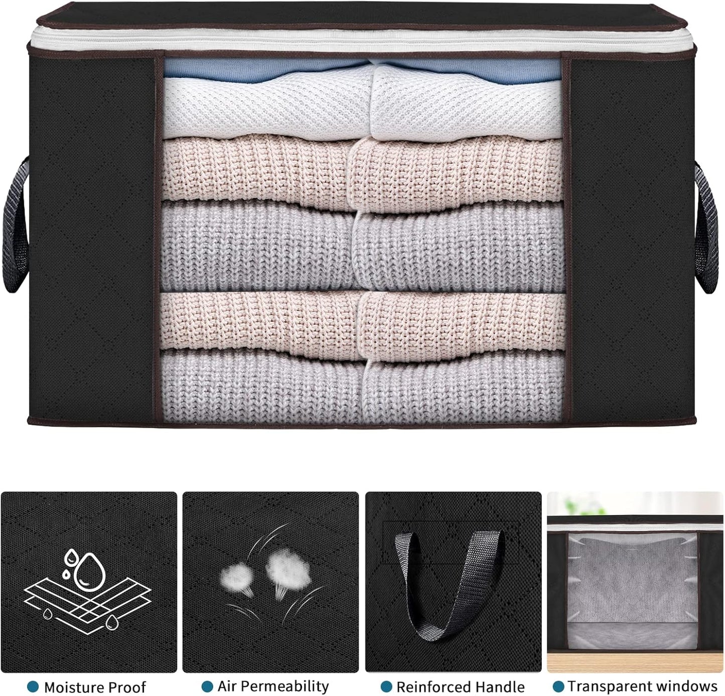 Skiennix Large Storage Bags - 6 Pack Foldable Closet Organizers with Durable Handles | 90L Black