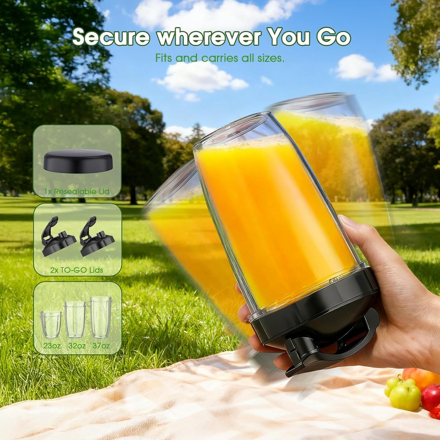 Smoothie Blender - 25000 RPM Portable Countertop Blender with 37oz, 32oz, 23oz Cups & 3 Lids