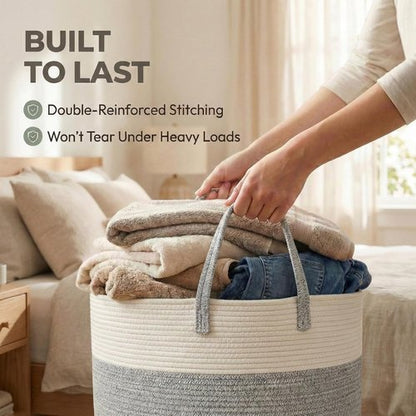 JMvicyroam 65L Extra Large Blanket Basket - Woven Cotton Rope Laundry Hamper with Reinforced Handles | Machine Washable White & Grey Storage Bin for Pillows, Comforters & Toys