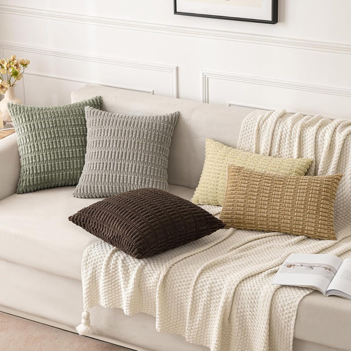 MIULEE Corduroy Throw Pillow Covers - Soft Boho Striped Design | 18x18 Inch Light Olive Green for Modern Home Decor