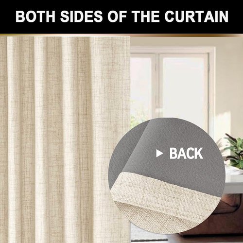 100% Blackout Shield Full Blackout Curtains for Bedroom 84 inch Length 2 Panels Set, Clip Rings/Rod Pocket Faux Linen Black Out Curtains for Living Room, Thermal Insulated, 50Wx84L, Butter Cream