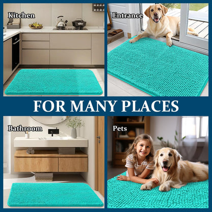 OLANLY Dog Door Mat - Absorbent Non-Slip Chenille Mat for Muddy Paws | Quick Dry 59x24, Teal