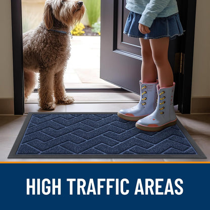 OLANLY Waterproof Front Door Mat - All-Weather Herringbone Design | Easy Clean, Low Profile, Blue (29.5x17)