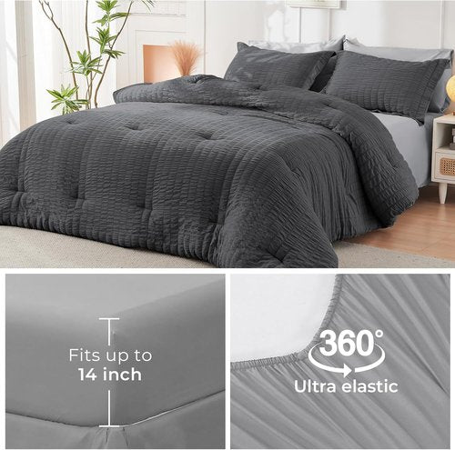 HYMOKEGE Full Size Comforter Set - 7-Piece Luxury Bedding in Dark Grey/Light Grey Seersucker
