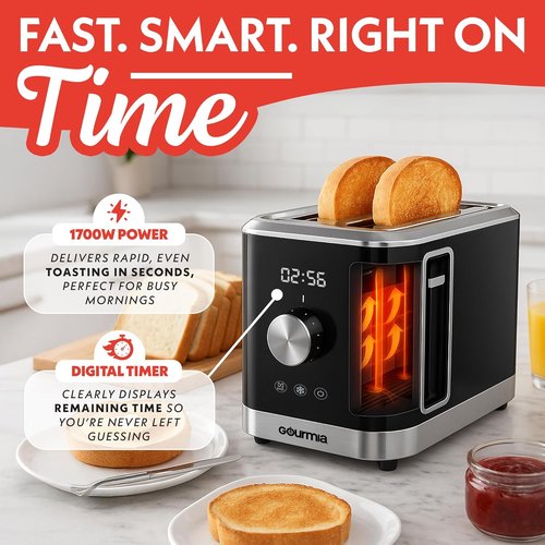 Gourmia 2-Slice Toaster - 6 Browning Levels, Bagel & Defrost Modes, Compact Design, Black