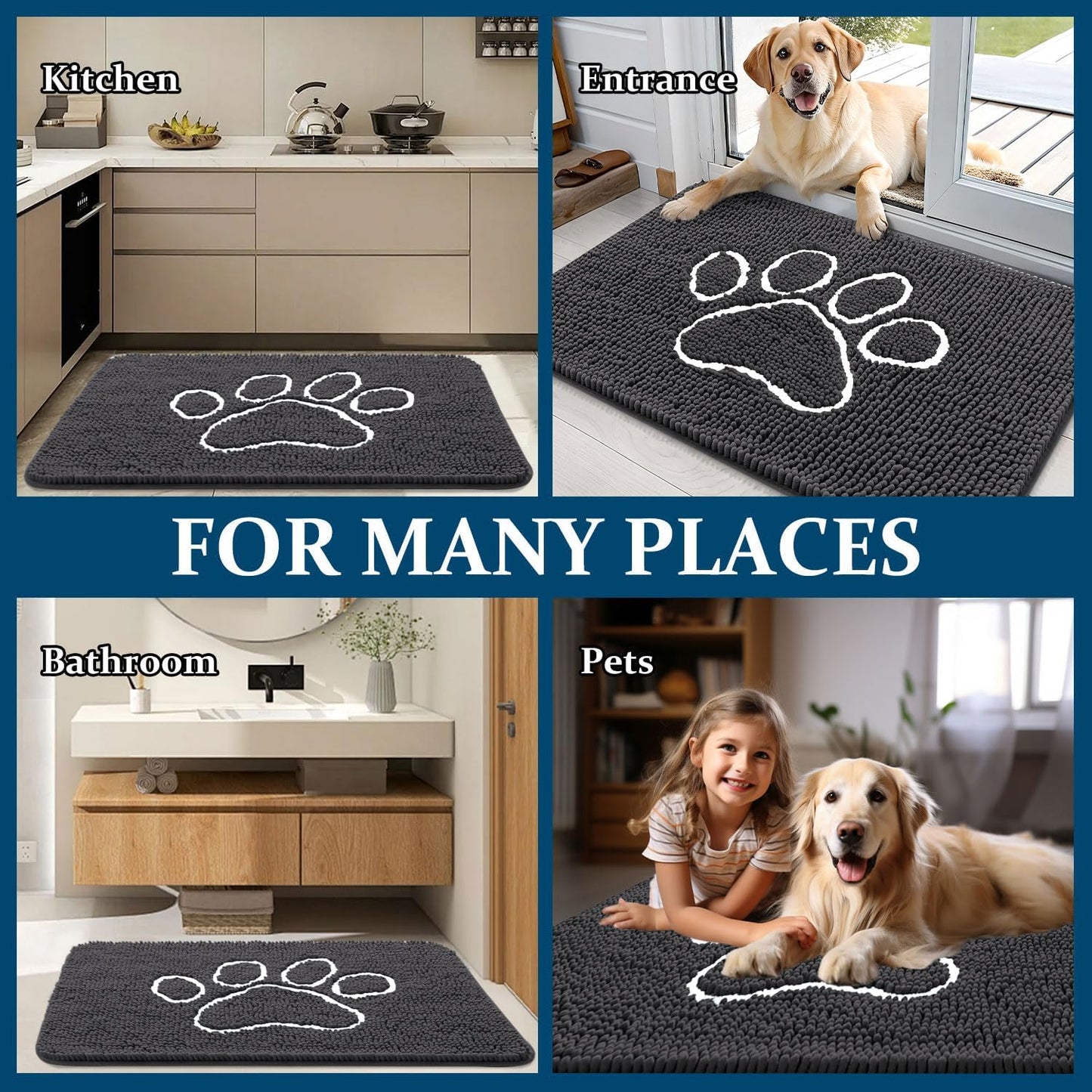 OLANLY Dog Door Mat - Absorbent Non-Slip Mud Mat for Muddy Paws | 36x24 Dark Grey Paw Print Design