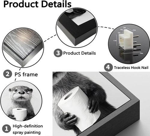 Framed Otter Wall Art - Black and White Funny Bathroom Decor | Unique Toilet Paper Design