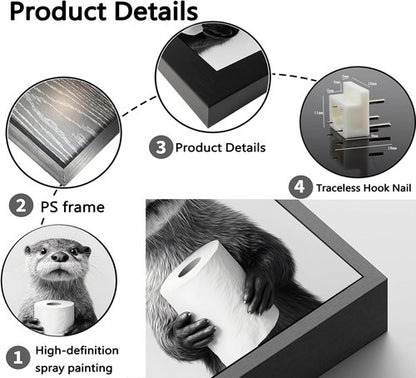 Framed Otter Wall Art - Black and White Funny Bathroom Decor | Unique Toilet Paper Design