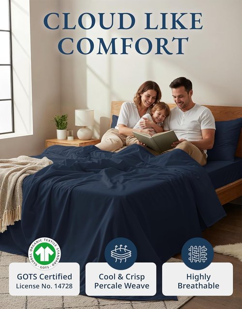 LANE LINEN Organic Cotton Bed Sheets - Eco-Friendly, Soft Percale Weave, Queen Size Set - Navy