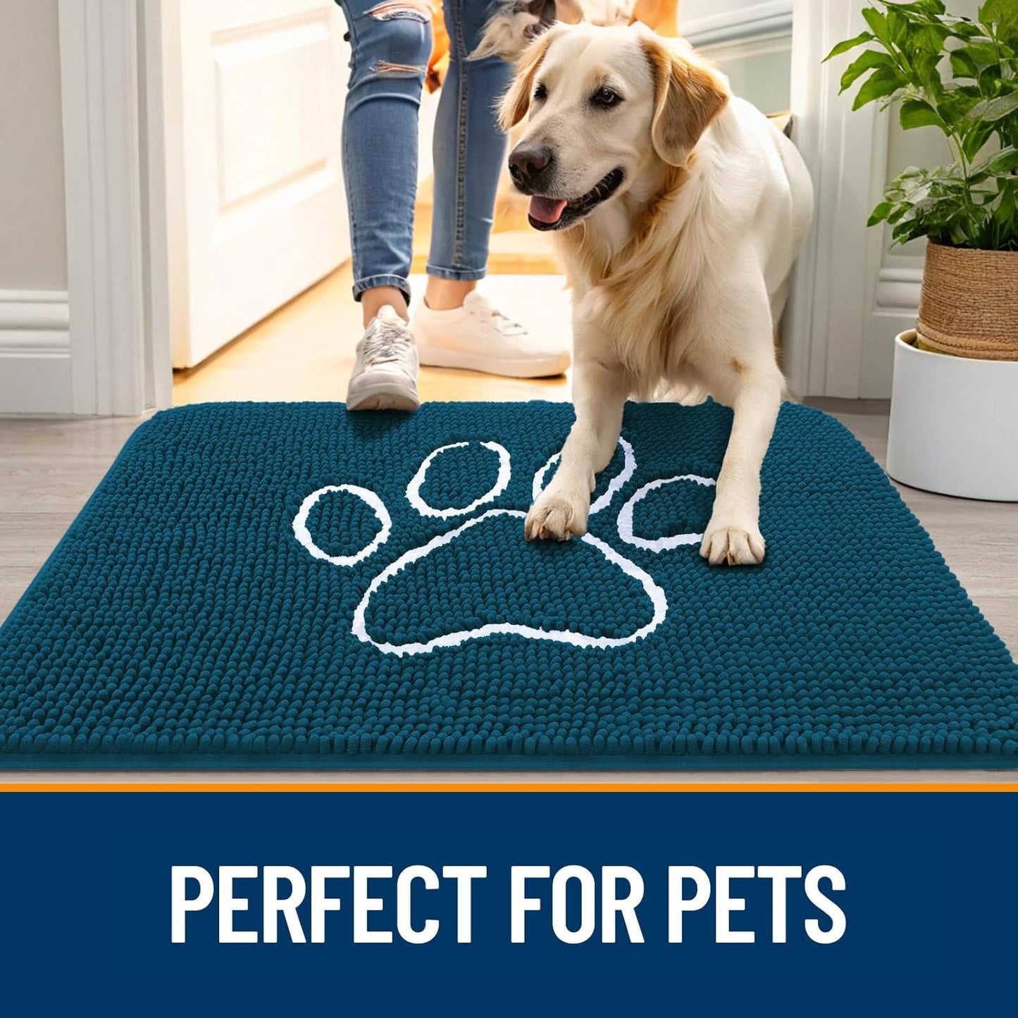 OLANLY Dog Door Mat - Absorbent Non-Slip Mud Mat for Muddy Paws | 59x35, Atlantic Blue, Quick Dry Chenille