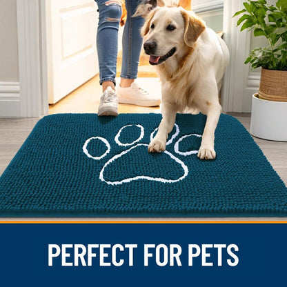 OLANLY Dog Door Mat for Muddy Paws 47x32, Paw Print Design, Absorbs Moisture and Dirt, Absorbent Non-Slip Washable Doormat, Quick Dry Chenille Mud Mat, Entry Indoor Entryway Carpet, Atlantic Blue