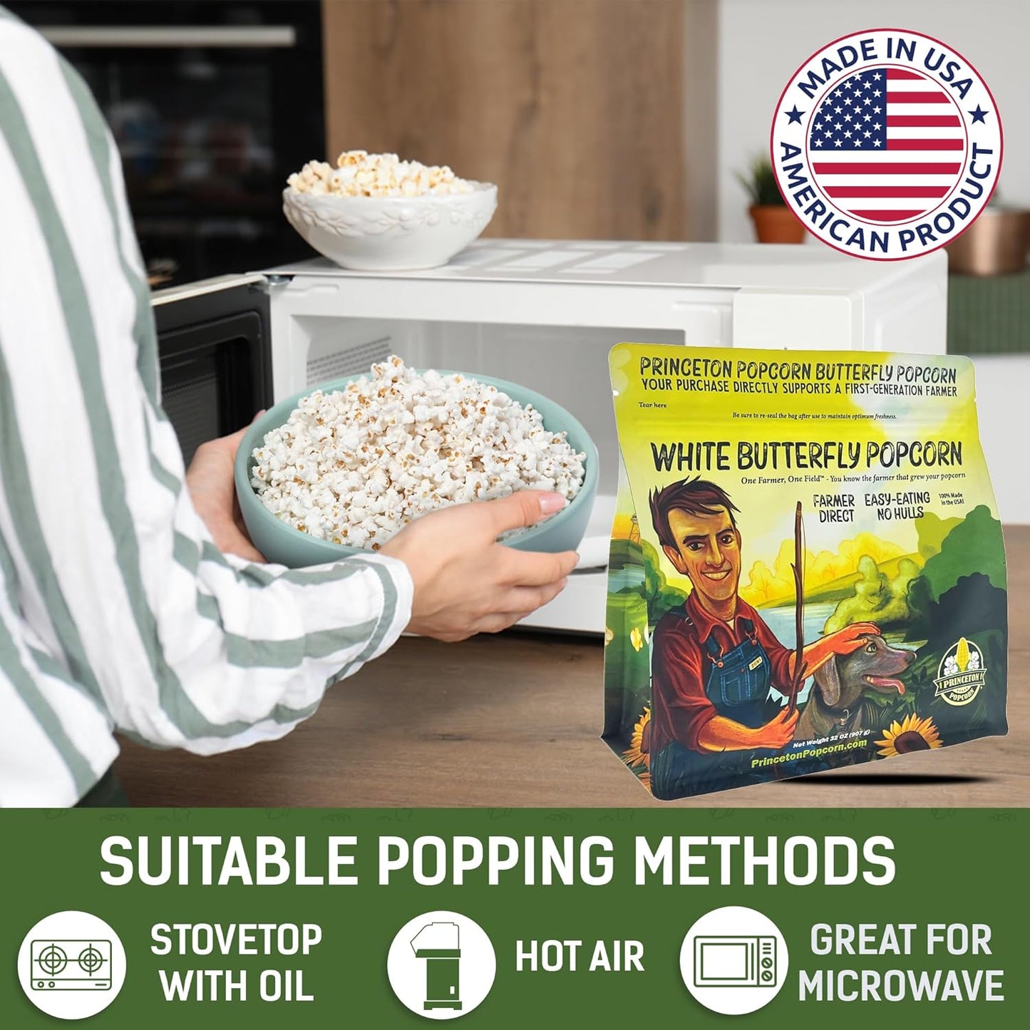 Princeton Farmer Bob's Baby White Popcorn Kernels - Tender Hulless 2lb Bag | Fresh & Delicious Flavor