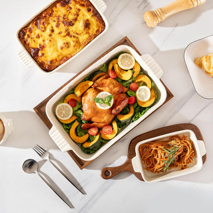 Sweejar Ceramic Baking Dish Set - Porcelain Striped Casserole Dishes with Handle for Lasagna | Beige