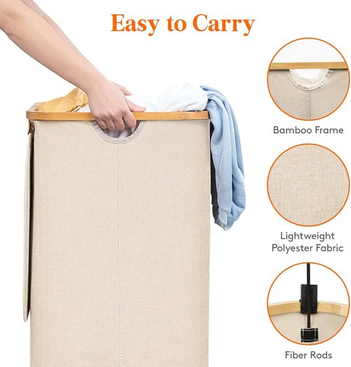 Lifewit 120L Laundry Basket - Foldable Hamper with Lid & Bamboo Handles | Beige, Large Capacity